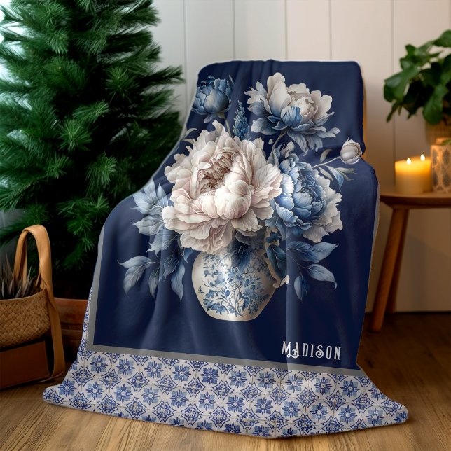 Stylish floral vase Blue chinoiserie monogram Fleece Blanket (Creator Uploaded)