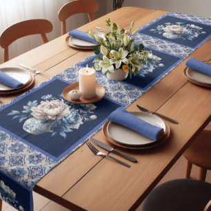 Stylish floral vase Blue chinoiserie monogram Short Table Runner