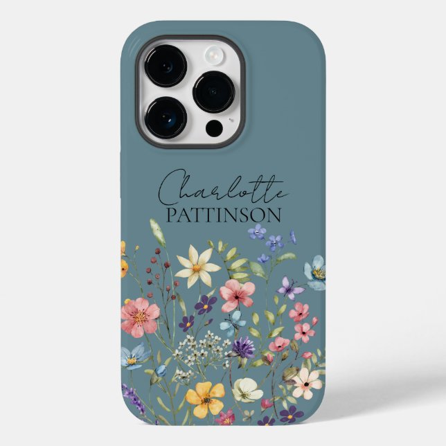 Stylish Floral - Wildflower  Name Hazy Teal Case-Mate iPhone Case (Back)