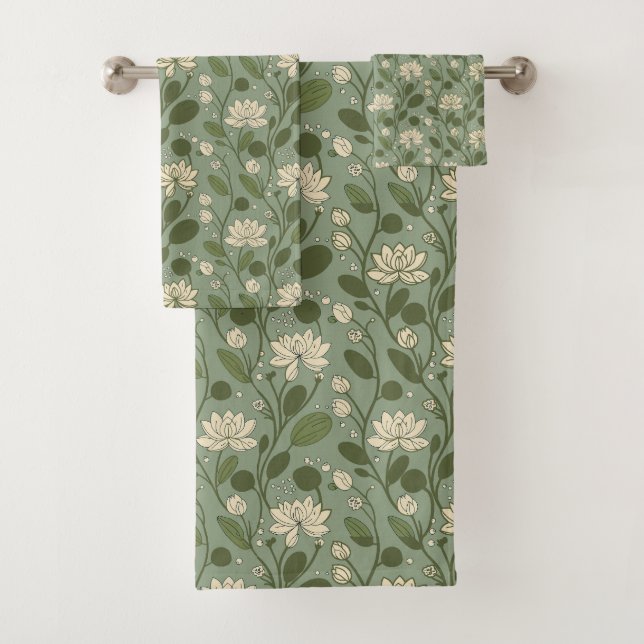 Stylish Flower Pattern on Laurel Green Bath Towel Set (Insitu)