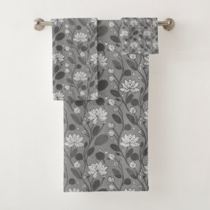 Stylish Flower Pattern on Silver Grey Bath Towel Set