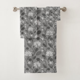Stylish Flower Pattern on Silver Grey Bath Towel Set