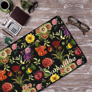 Stylish flowers and leaves black floral pattern desk mat