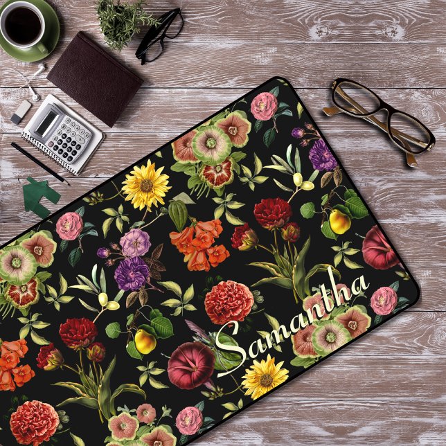Stylish flowers and leaves black floral pattern desk mat (Creator Uploaded)