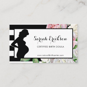Stylish Flowers and Stripes Maternity Birth Doula Business Card