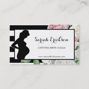 Stylish Flowers and Stripes Maternity Birth Doula Business Card