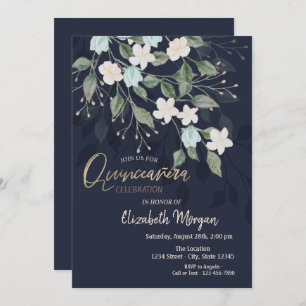 Stylish Flowers Navy Blue Quinceañera Invitation