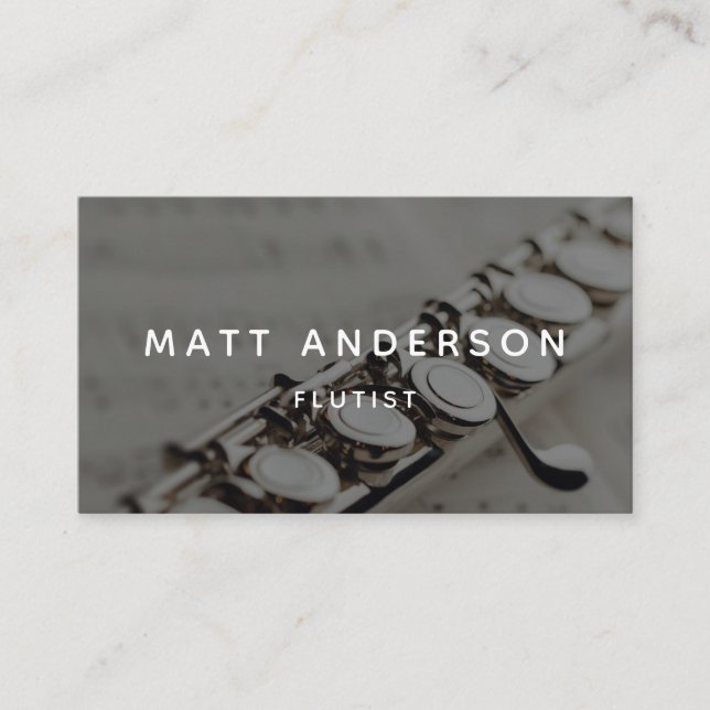 Stylish Flute Musician Minimal Grey Business Card (Front)