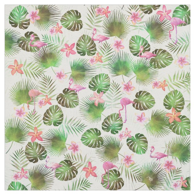 Stylish foliage and Flamingos tropical design Fabric (Swatch)
