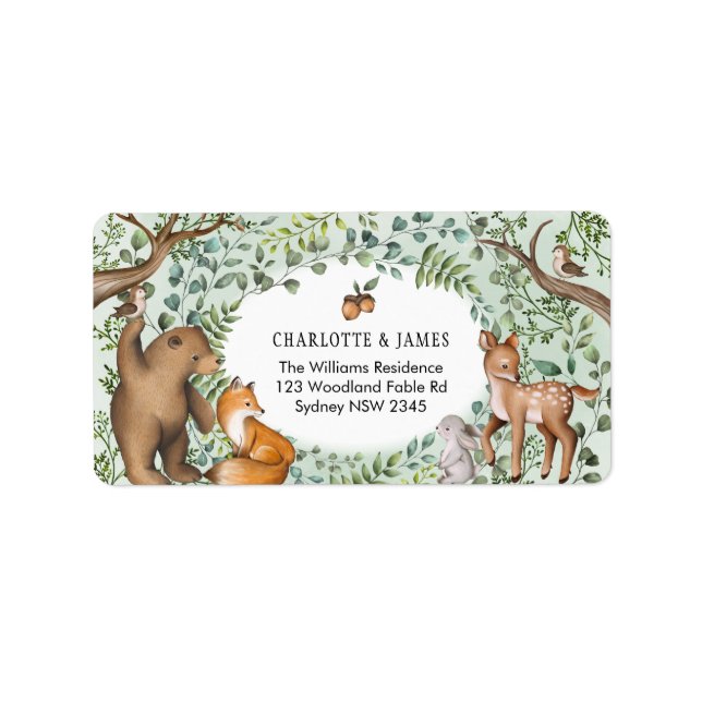 Stylish Forest Woodland Baby Animals Greenery Label (Front)