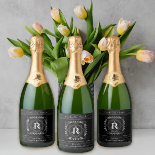 Stylish Frame Black Monogram Sparkling Wine Label