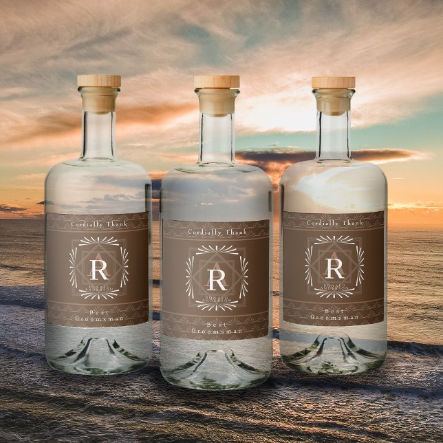 Stylish Frame Brown Monogram  Liquor Bottle Label (Modern stylish Monogram Design. )