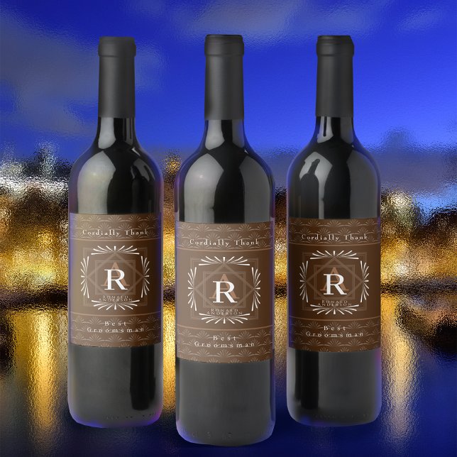 Stylish Frame Brown Monogram  Wine Label (Creator Uploaded)