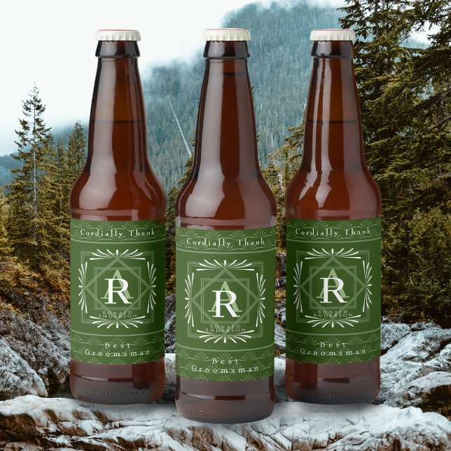 Stylish Frame Green Monogram  Beer Bottle Label (Modern stylish Monogram Design. )