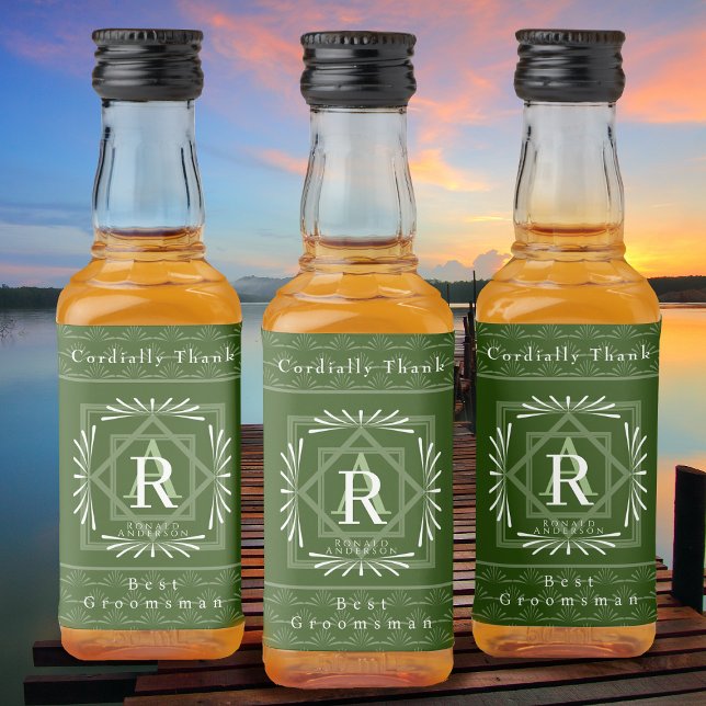 Stylish Frame Green Monogram  Liquor Bottle Label (Modern stylish Monogram Design. )