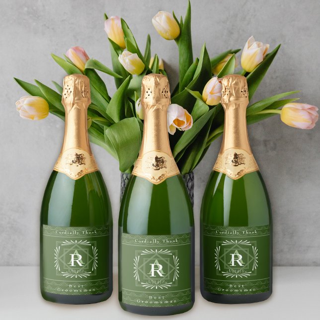Stylish Frame Green Monogram  Sparkling Wine Label (Modern stylish Monogram Design. )