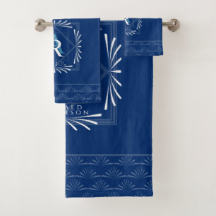 Stylish Frame Navy Monogram Bath Towel Set