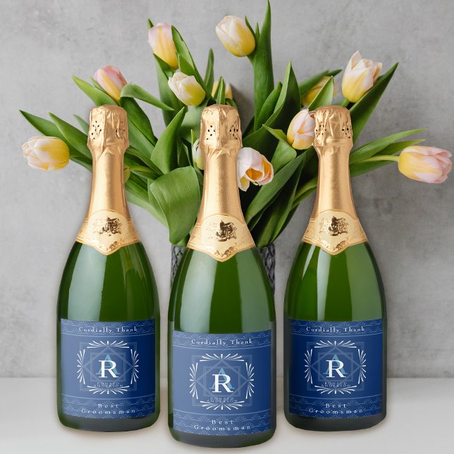 Stylish Frame Navy Monogram  Sparkling Wine Label (Modern stylish Monogram Design. )