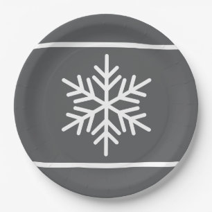 Stylish Fun Modern Grey White Stripes Snowflakes Paper Plate