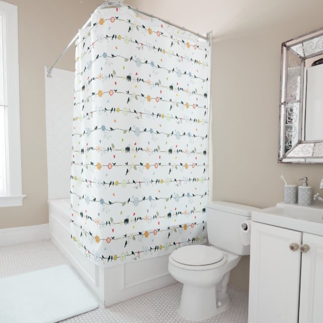 Stylish , Fun & Whimsical Birds and Flowers  Shower Curtain (In Situ)