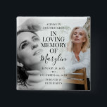 Stylish Funeral Memorial Before & After Photo 15 Cm Square Badge<br><div class="desc">Remember a loved one with this gorgeous stylish before and after button, featuring 2 photographs of your family member or friend, (one when they were younger and the other when they were older), an elegant template with the heading 'In loving memory' their name or relation in handwritten calligraphy script font...</div>