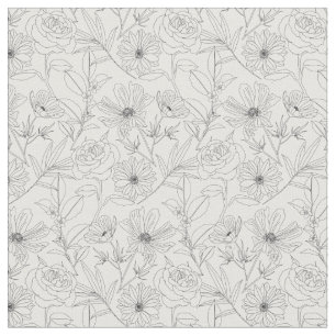 stylish garden flowers black outlines design fabric