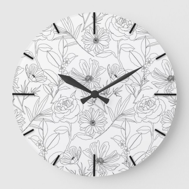 stylish garden flowers black outlines design large clock (Front)