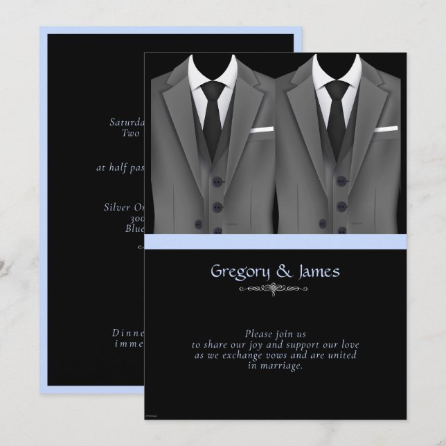  Stylish Gay Wedding Elegant Grey Suits Invitation (Front/Back)
