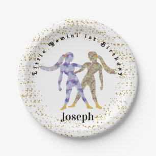Stylish Gemini 1st Birthday & Gold Confetti Paper Plate