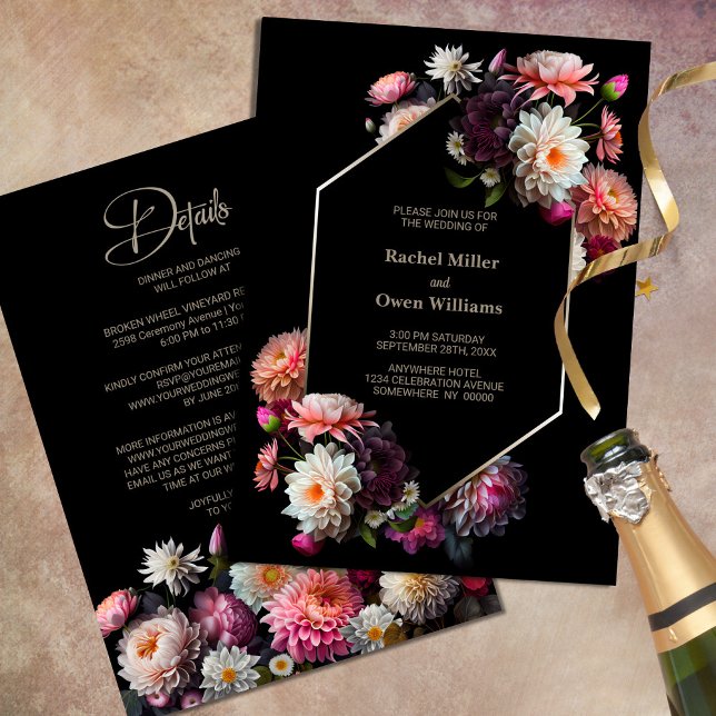 Stylish Geometric Black Floral All In One Wedding Invitation (Creator Uploaded)