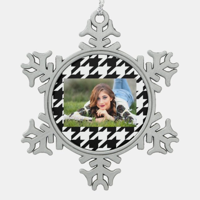 stylish geometric black white houndstooth pattern snowflake pewter christmas ornament (Front)