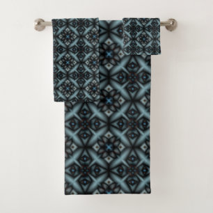 stylish, geometric, blue, black, Oriental, Bath Towel Set