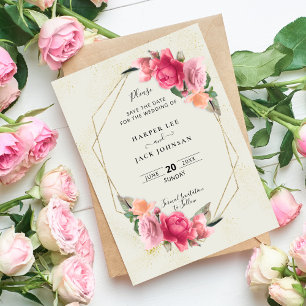 Stylish Geometric Blush Pink Floral Rose Save The Date