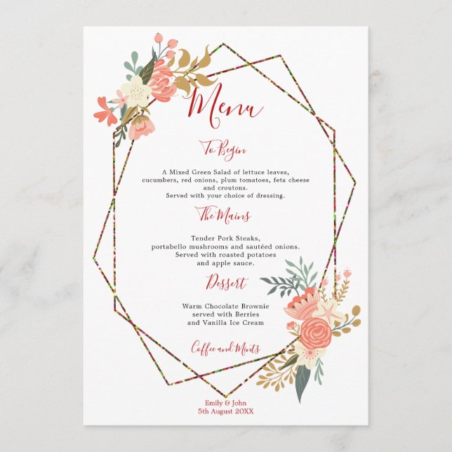 Stylish Geometric Frame Ambrose Florals Wedding Menu (Front)