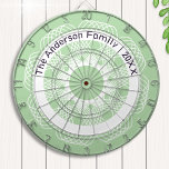 Stylish Geometric Line Art Green White Custom Name Dartboard<br><div class="desc">Elevate your games room with this stylish and quirky dartboard. The board features an intricate geometric pattern in white on light green, with curved lines creating a detailed line art design. The effect is like a crochet lace mat or a beautifully symmetrical abstract flower. Personalise with with your name(s) and...</div>