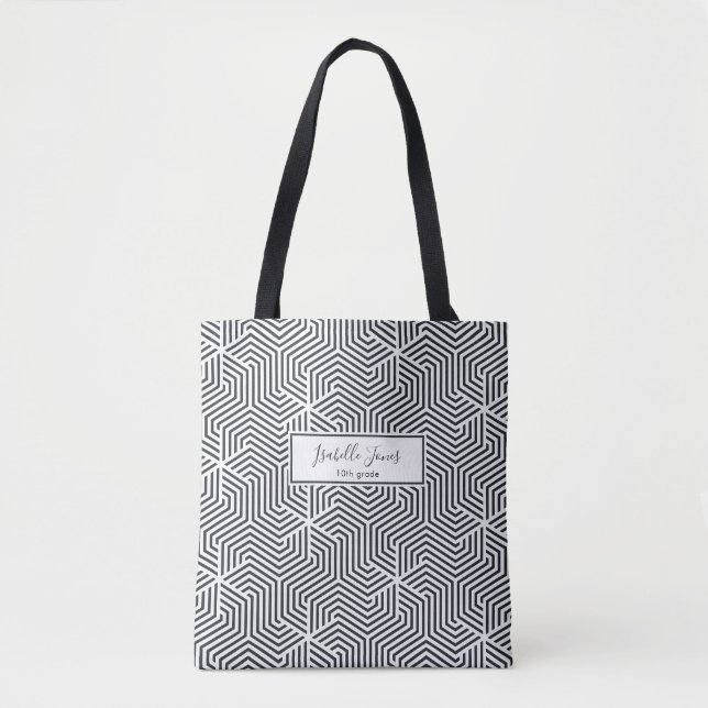 stylish geometric script personalised college tote bag (Front)