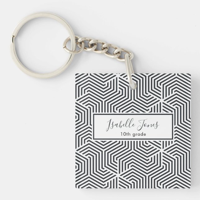 stylish geometric script personalised school  key ring (Front)
