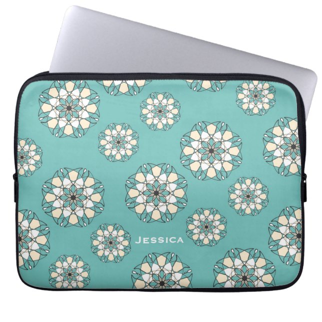 Stylish Geometric Teal Floral Mandala Laptop Sleeve (Front)