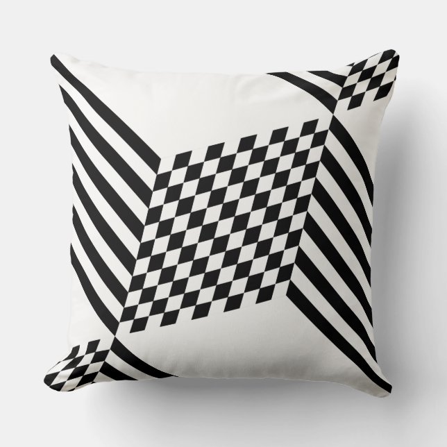 Stylish Geometric White & Black Diamond Pattern Cushion (Front)