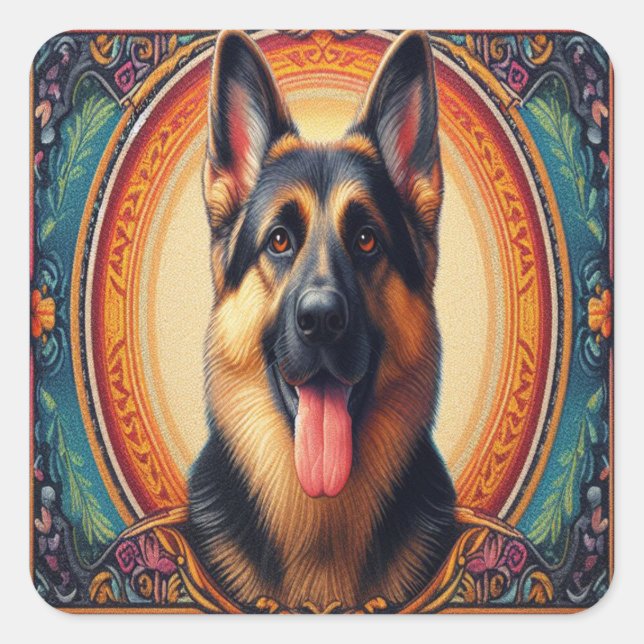 Stylish German Shepherd Dog Colourful Frame Square Sticker (Front)