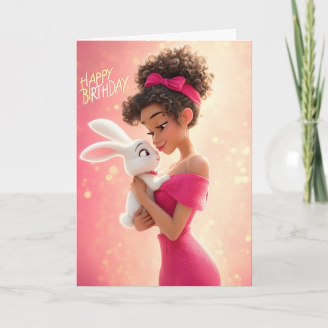 Stylish Girl in Hot Pink w/ White Bunny Birthday Card (Front)