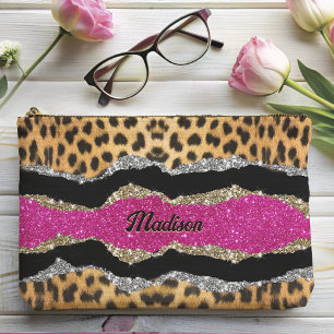 Stylish girly animal print pink glittery monogram accessory pouch