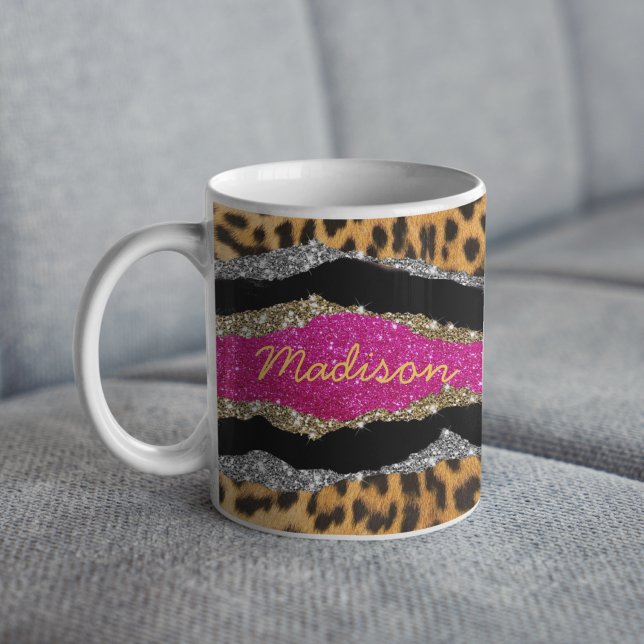 Stylish girly animal print pink glittery monogram coffee mug (Creator Uploaded)