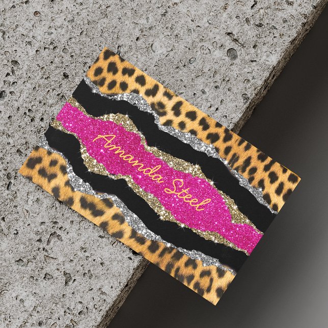 Stylish girly animal print pink glittery monogram  	Magnetic business card (Creator Uploaded)