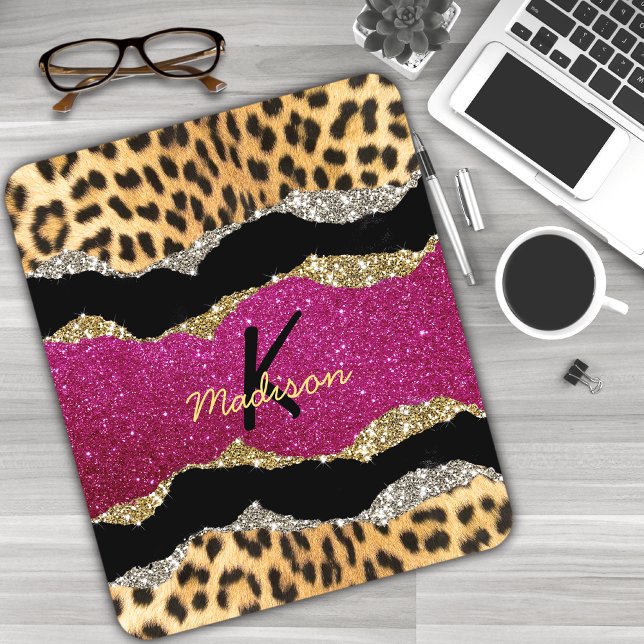 Stylish girly animal print pink glittery monogram mouse pad (Creator Uploaded)