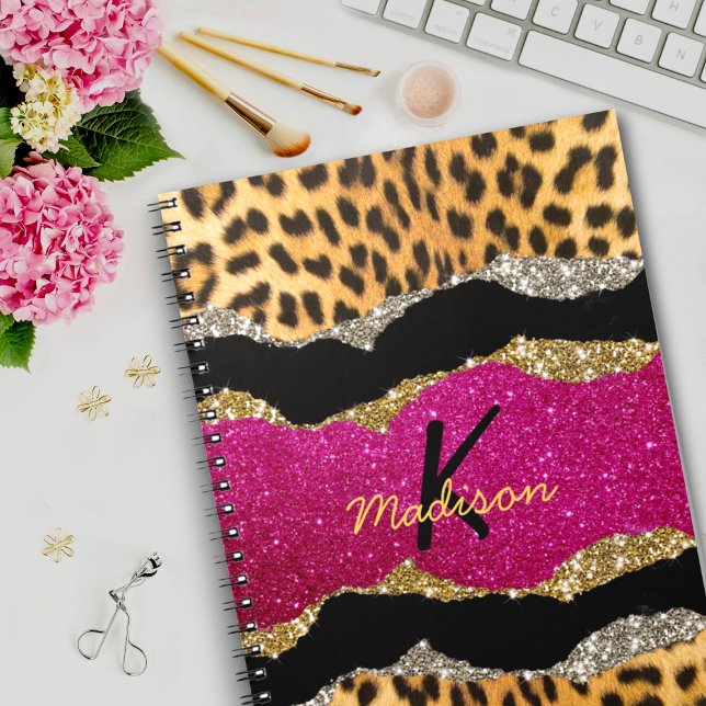 Stylish girly animal print pink glittery monogram notebook (Creator Uploaded)