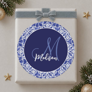 Stylish girly blue grey initial monogrammed  classic round sticker