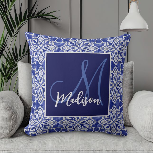 Stylish girly blue grey initial monogrammed  cushion (Creator Uploaded)