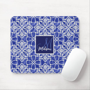 Stylish girly blue grey initial monogrammed  mouse pad