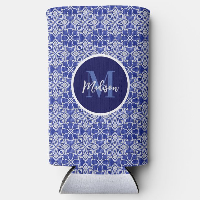Stylish girly blue grey initial monogrammed  seltzer can cooler (Front)